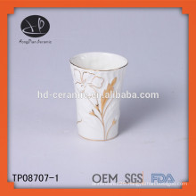 mug with hand paint design, white ceramic mug decorate with gold rim